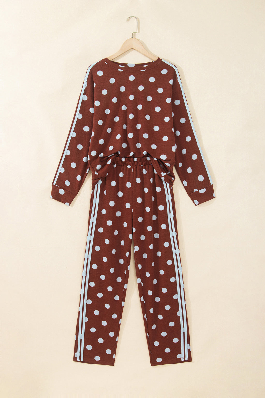 Brown Polka Dot Print Side Stripe Detail Long Sleeve Top Casual Pant Set