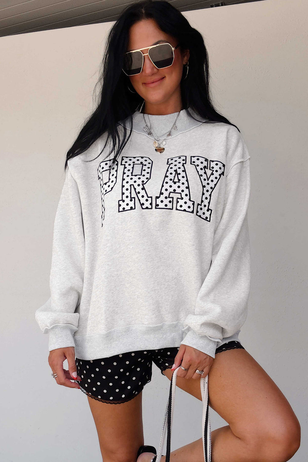 Coffee PRAY Polka Dot Embroidered Mock Neck Sweatshirt