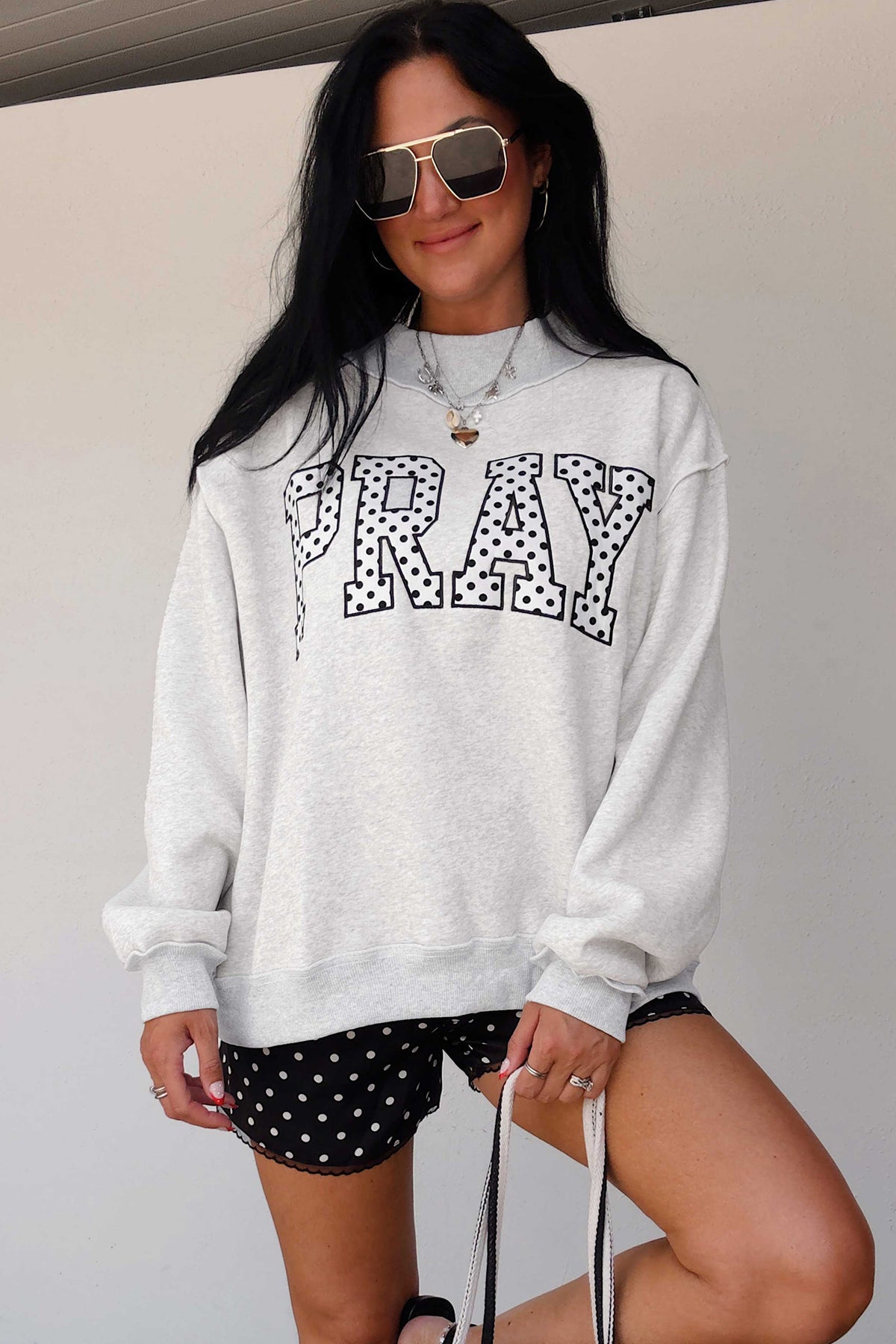 Coffee PRAY Polka Dot Embroidered Mock Neck Sweatshirt