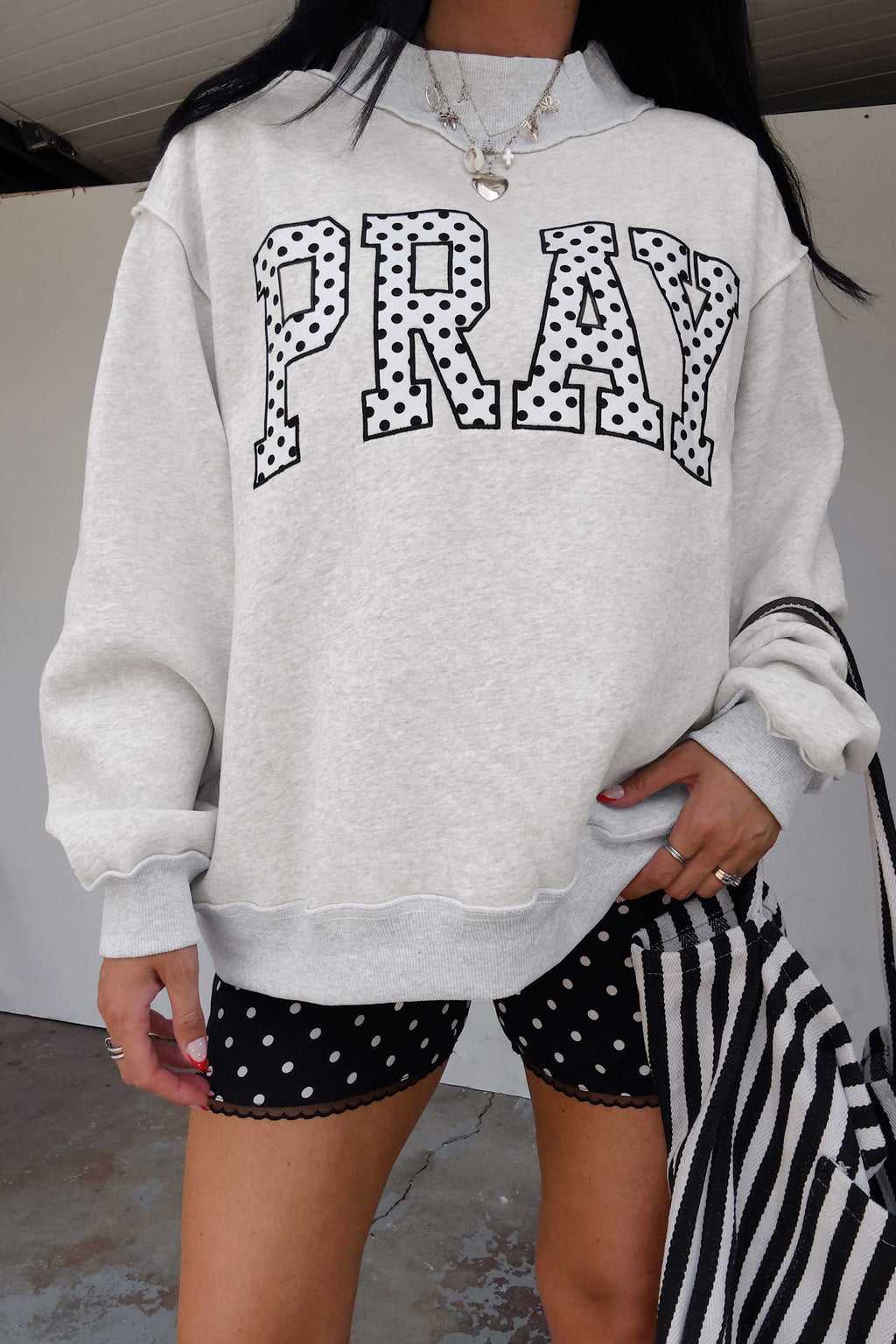 Coffee PRAY Polka Dot Embroidered Mock Neck Sweatshirt
