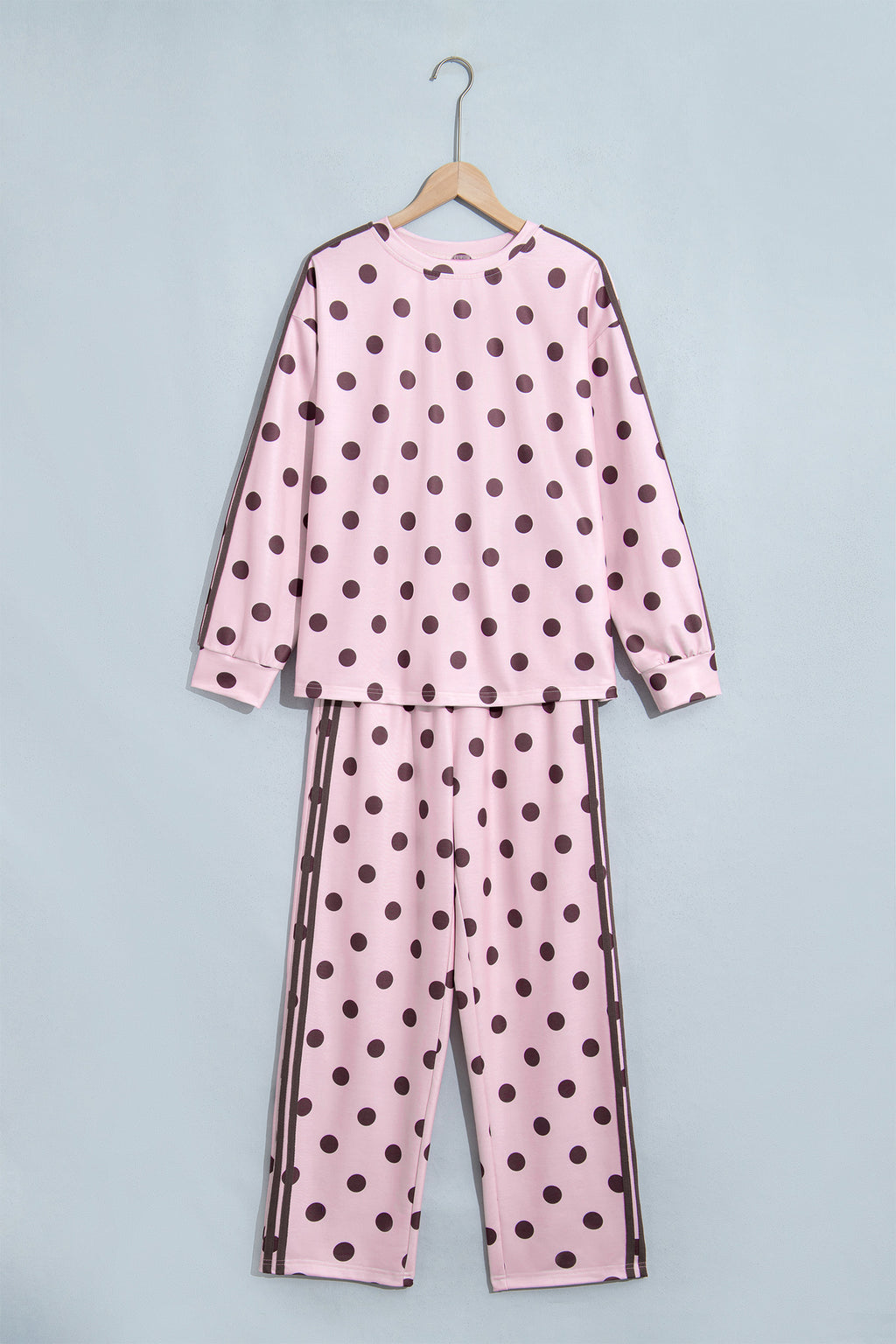 Brown Polka Dot Print Side Stripe Detail Long Sleeve Top Casual Pant Set