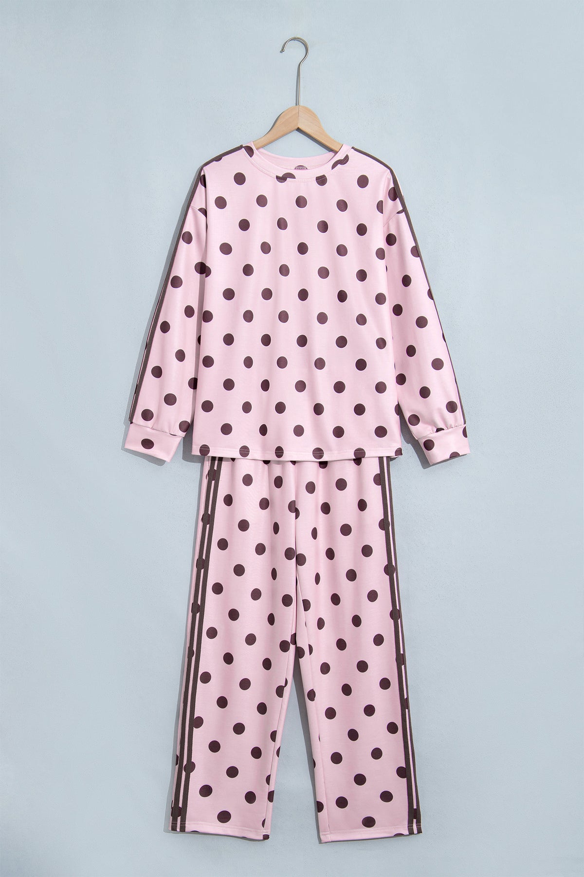 Brown Polka Dot Print Side Stripe Detail Long Sleeve Top Casual Pant Set
