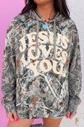 Beige Woodland Camouflage Print JESUS LOVES YOU Tunic Hoodie
