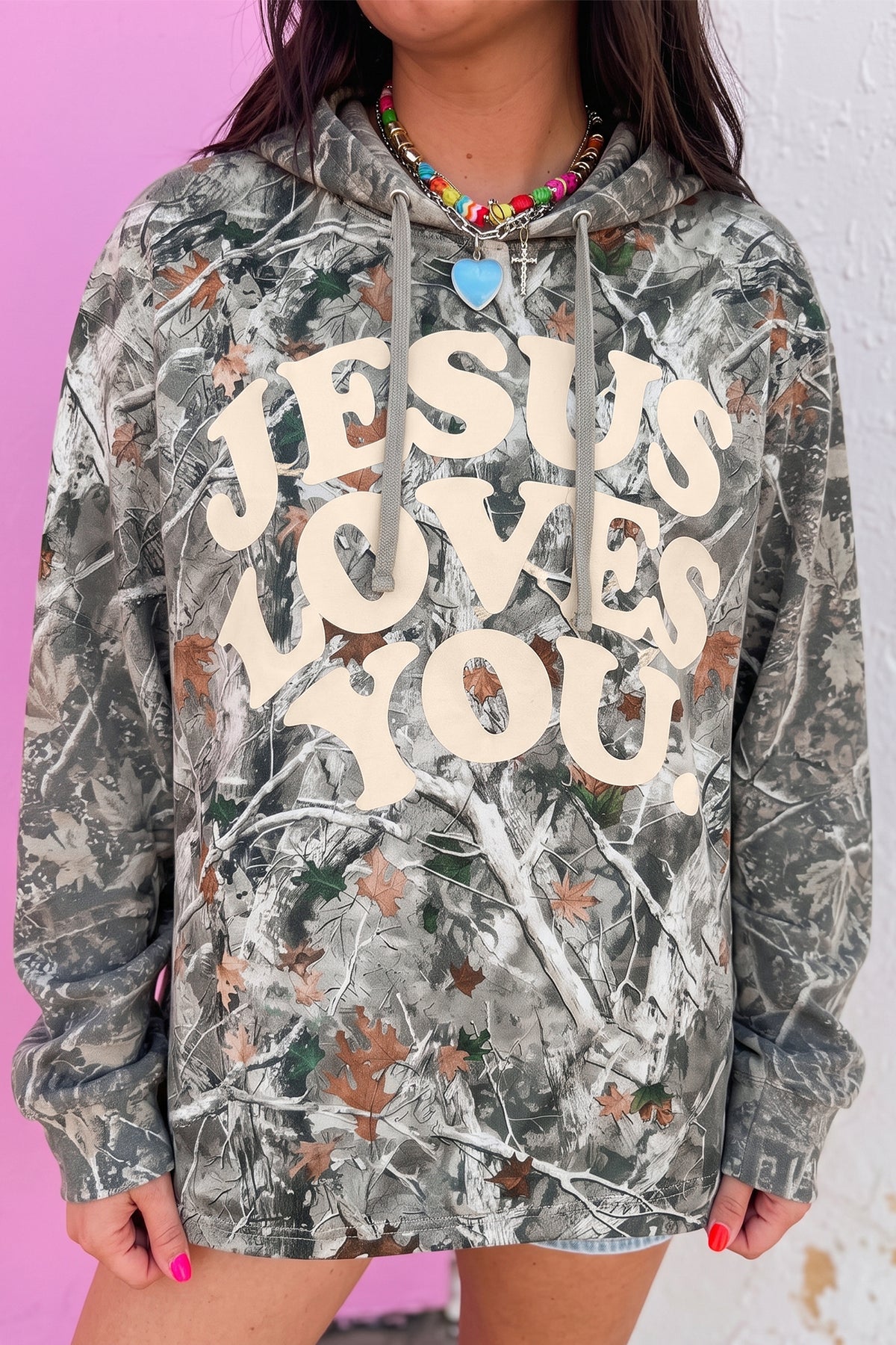 Beige Woodland Camouflage Print JESUS LOVES YOU Tunic Hoodie