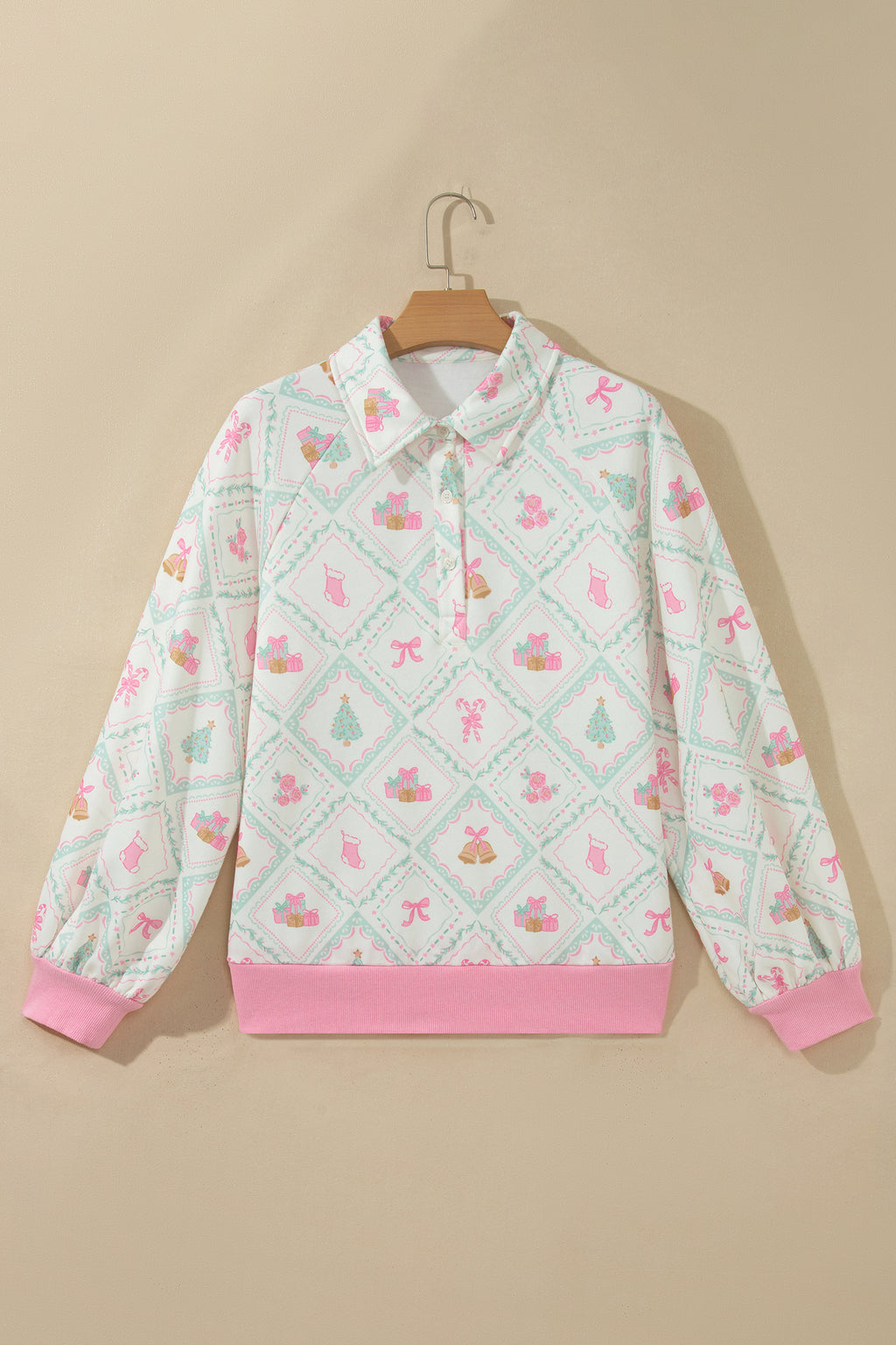 White Christmas Patchwork Collar Long Sleeve Pullover Sweatshirt