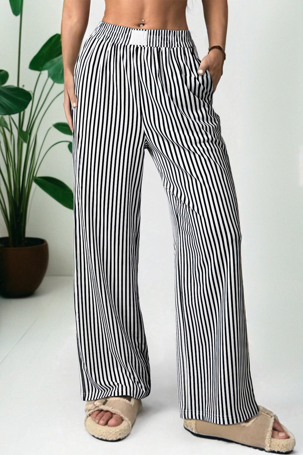 Black Stripe Elastic High Waist Pocketed Loose Pants
