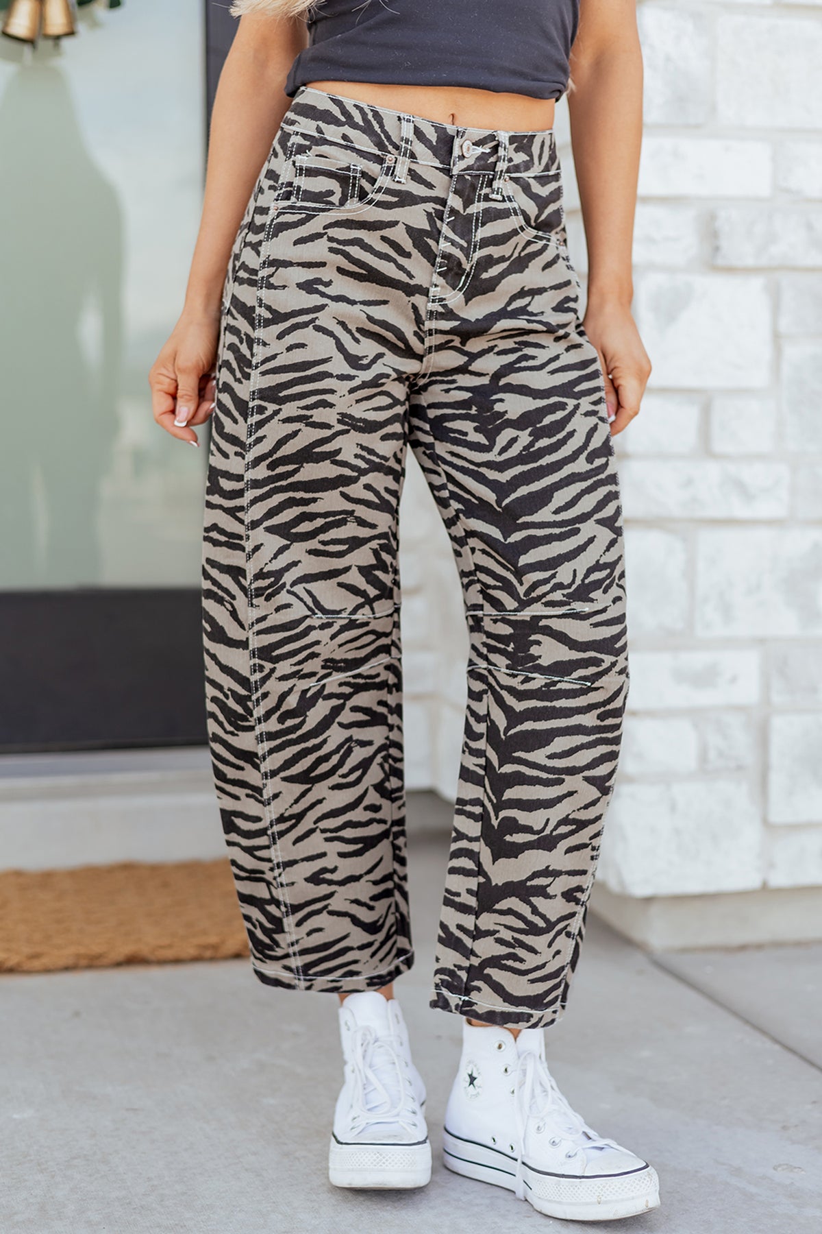 Gray Zebra Stripe Printed Wide Leg Barrel Jeans