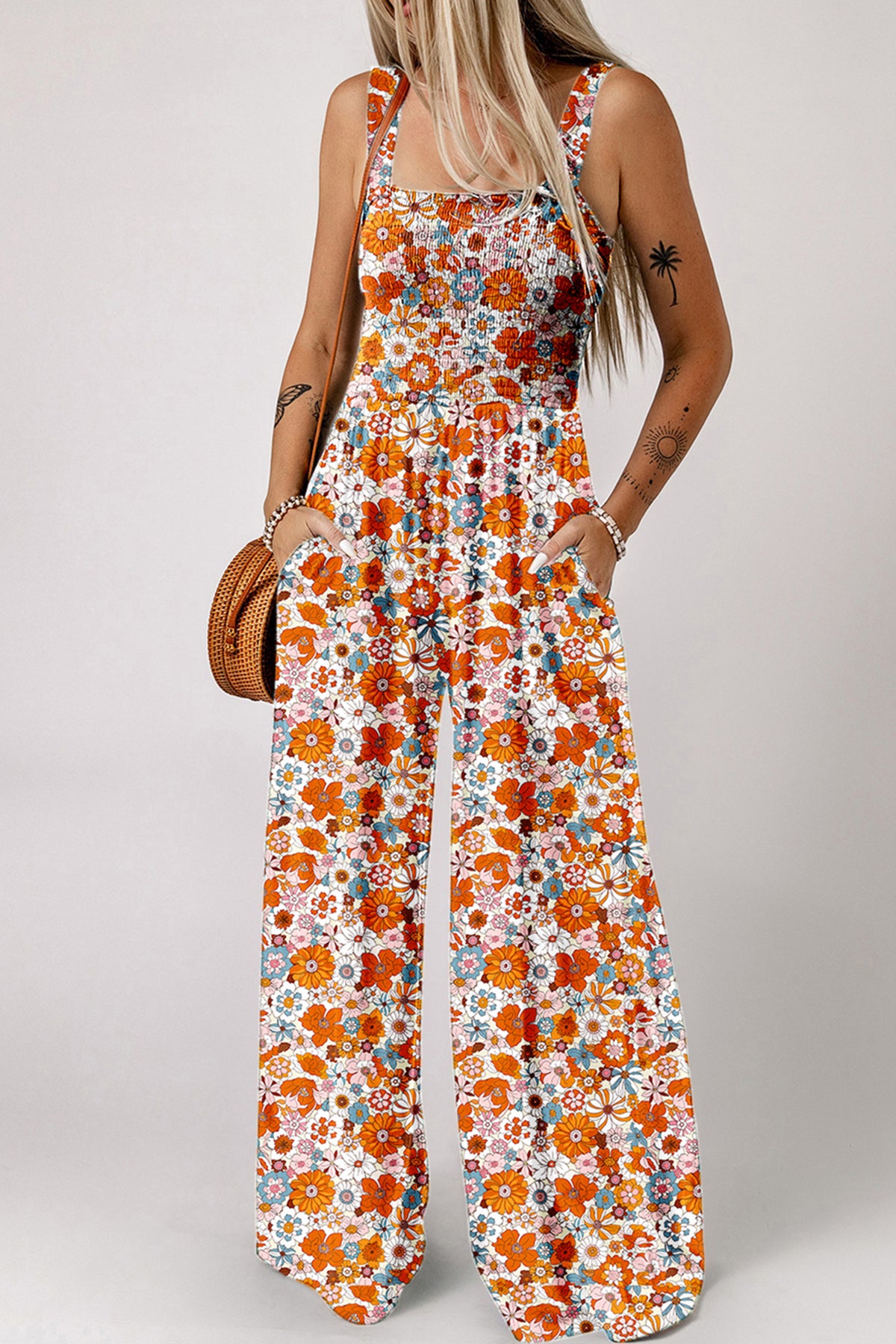 Orange Floral Print Sleeveless Smocked Shift Jumpsuit