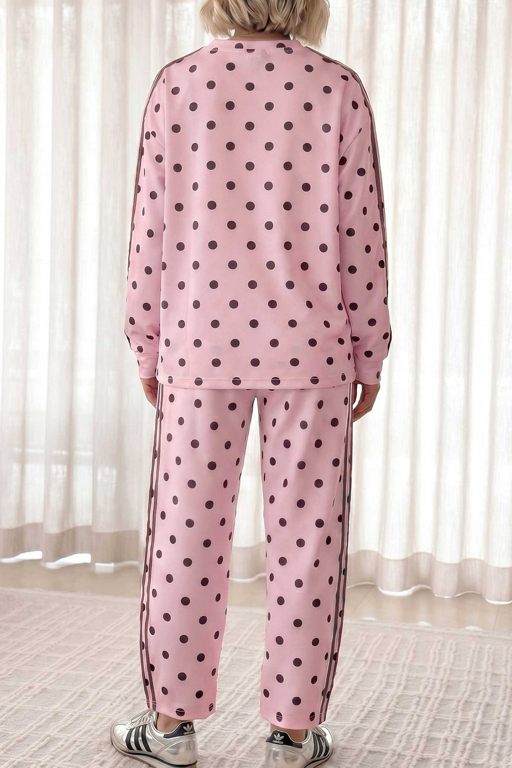 Brown Polka Dot Print Side Stripe Detail Long Sleeve Top Casual Pant Set
